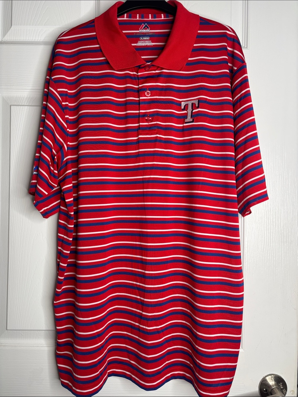 Majestic Red Striped Polo with Blue and White Accents